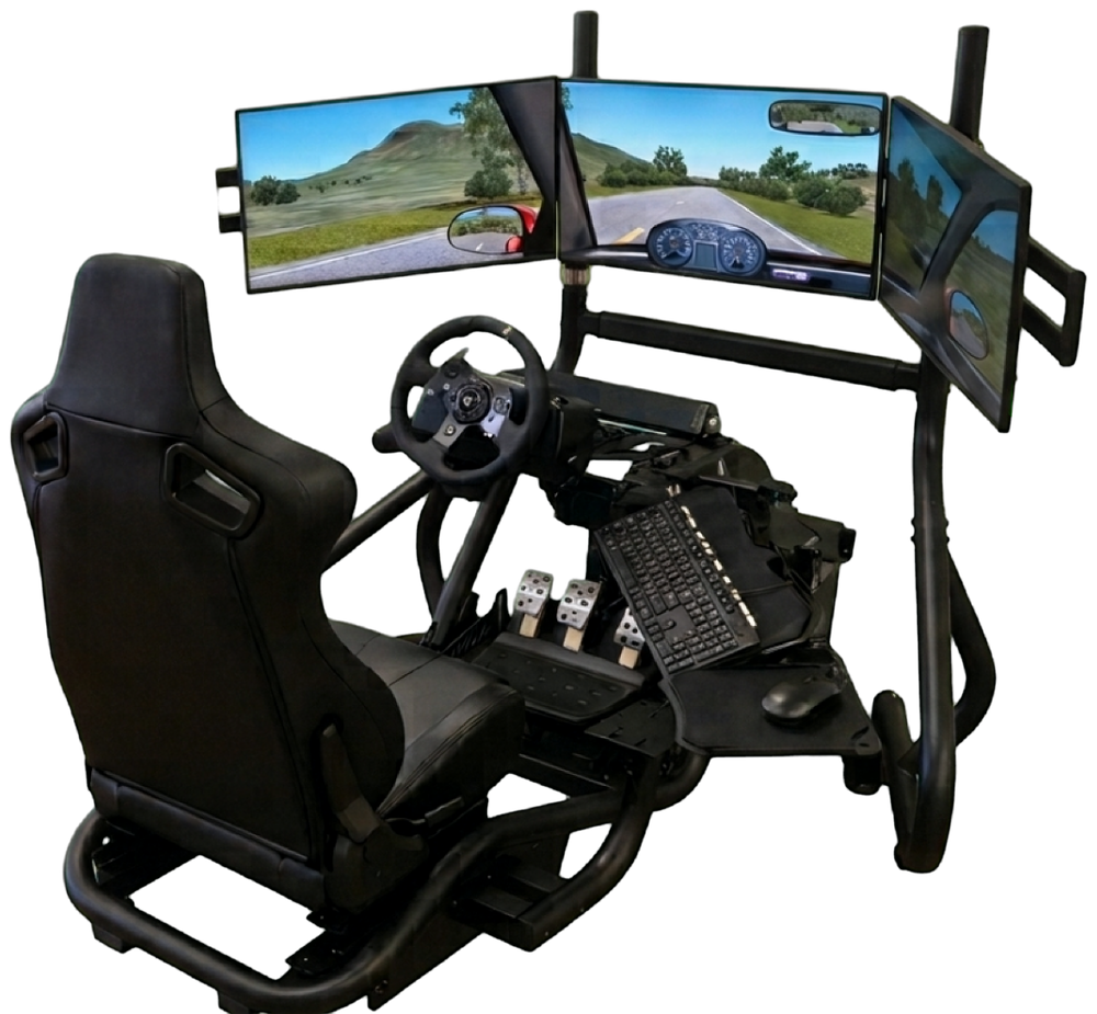 The SimuDriveLab simulator: racing seat, steering wheel, pedals and three wraparound screens